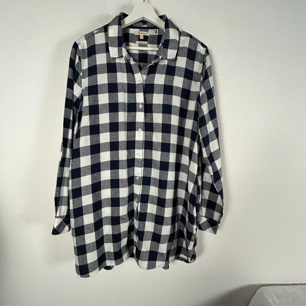Barbour Womens Checkered Tunic Shirt Size 12 Blue White Button Up Long Sleeve